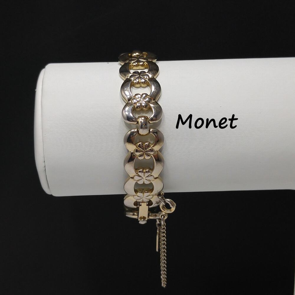 Vintage Monet Gold Tone Floral Link Bracelet with Safety Chain 1970s